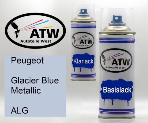 Peugeot, Glacier Blue Metallic, ALG: 400ml Sprühdose + 400ml Klarlack - Set, von ATW Autoteile West.